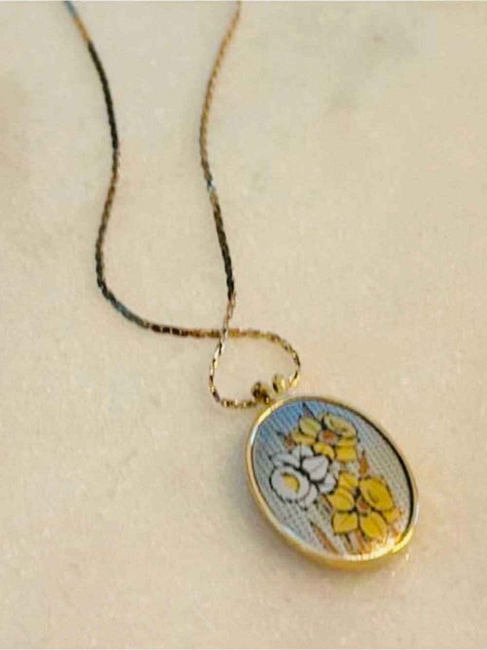 Reed & Barton Damascene Gold-Tone Oval Floral Necklace -March Jonquil Daffodils